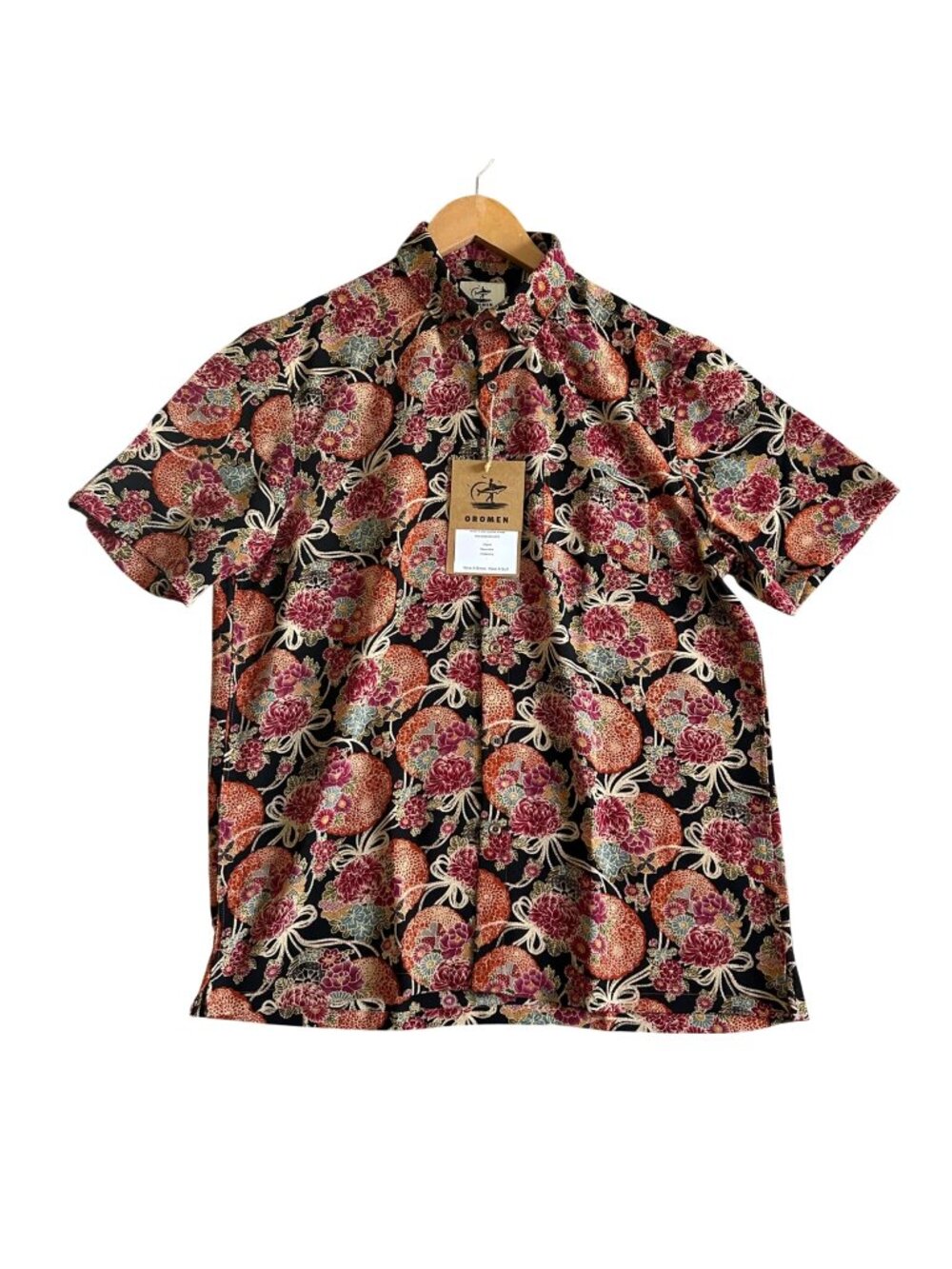 Oromen Men's Sz Medium Floral Hawaiian Button-Up Shirt Black/Red Short Sleeve